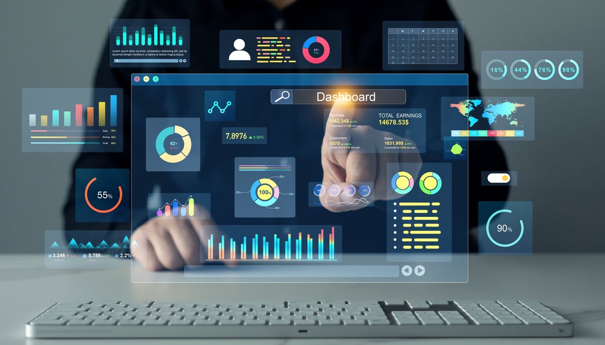 Business leader reviewing an AI and data analytics KPI dashboard with connected metrics