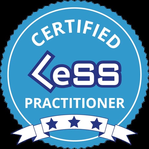 Certified Less badge with blue circular design, white text, and three stars on a banner