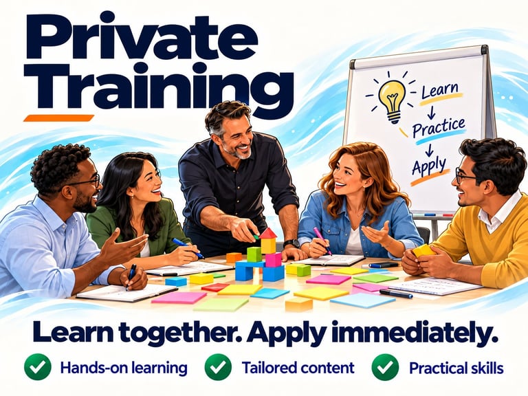 Private Training promotional image showing diverse group learning together with whiteboard displaying Learn, Practice, Apply concepts