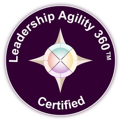 Leadership Agility 360M Certified badge with star compass design on dark purple background