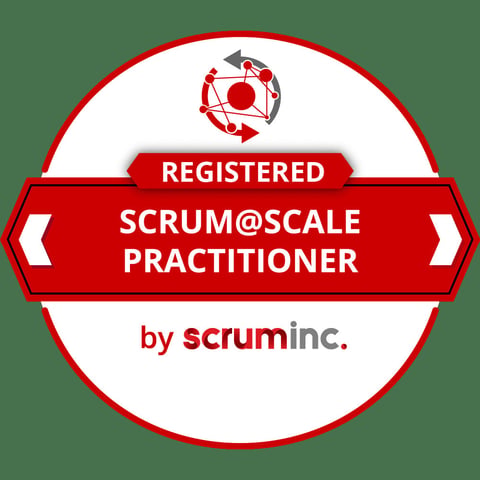 Registered Scrum@Scale Practitioner certification badge by Scrum Inc with red and white circular design
