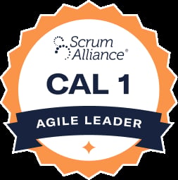 Scrum Alliance CAL 1 Agile Leader certification badge with orange scalloped border and dark blue banner
