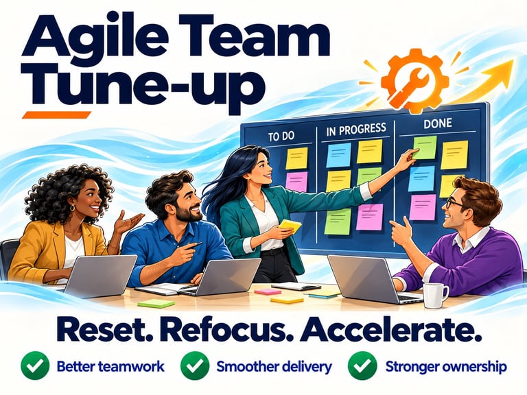 Agile Team Tune-up illustration showing diverse team collaborating at a kanban board with to-do, in-progress, and done columns