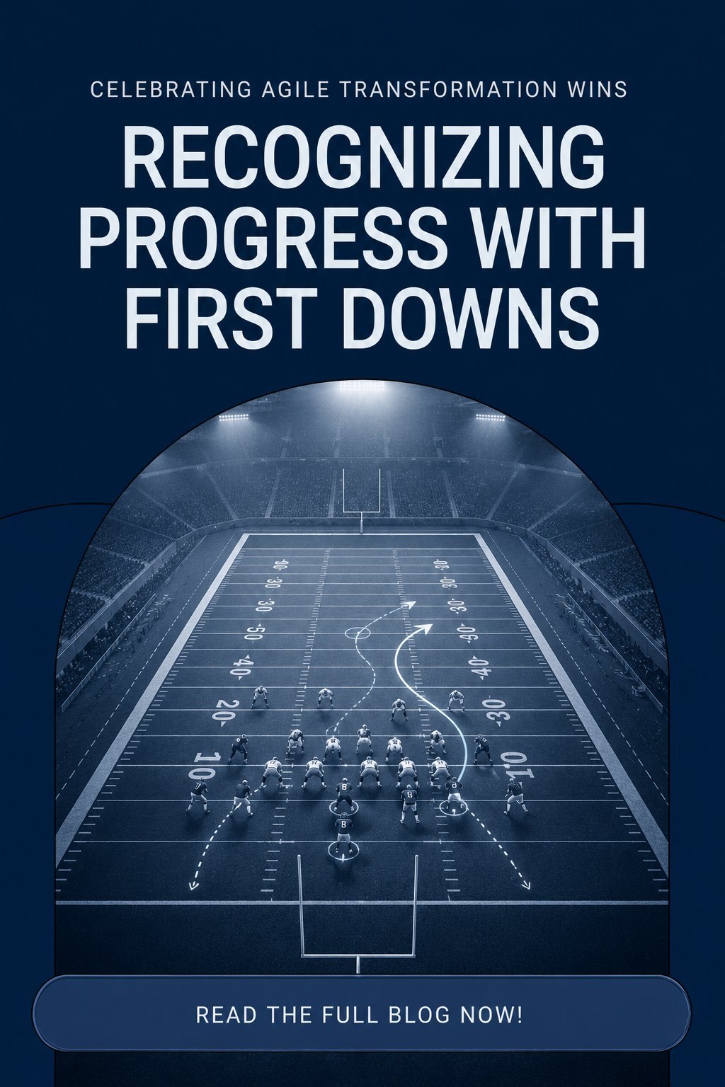 Football field with play diagram and players overlay, titled Recognizing Progress with First Downs, promoting agile transformation blog post