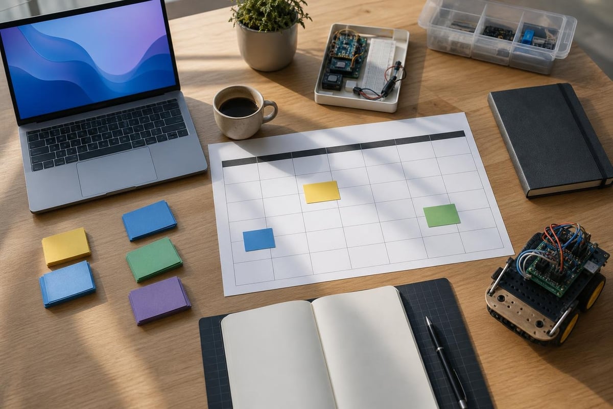 Overhead view of a wooden desk with a laptop, calendar with sticky notes, open notebook, coffee mug, plant, and office supplies arranged for planning and work