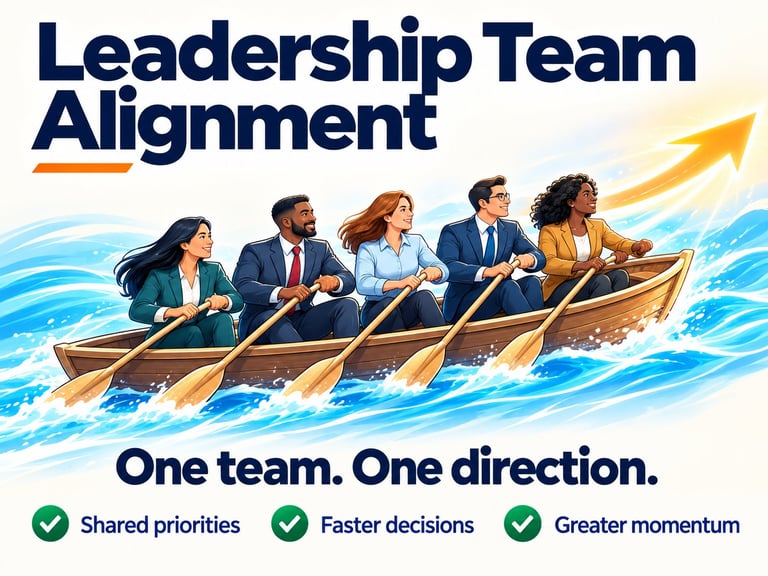 Leadership Team Alignment infographic showing five business professionals rowing a golden boat together with an upward arrow and tagline One team. One direction.