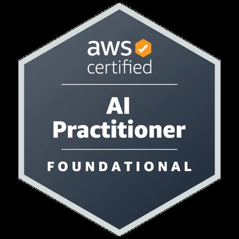 AWS Certified AI Practitioner Foundational badge with hexagonal shape and orange checkmark logo