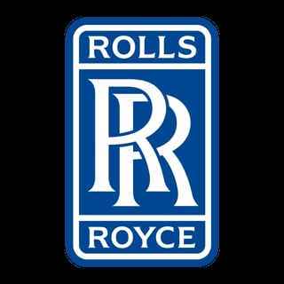 Rolls-Royce logo featuring interlocked RR letters in white on blue background with rounded rectangle border