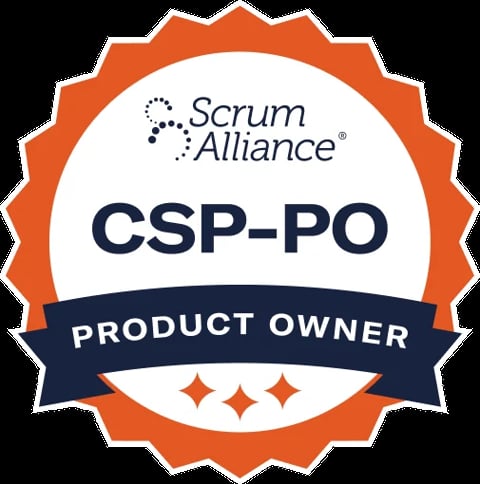Scrum Alliance CSP-PO Product Owner certification badge with orange starburst border and navy banner