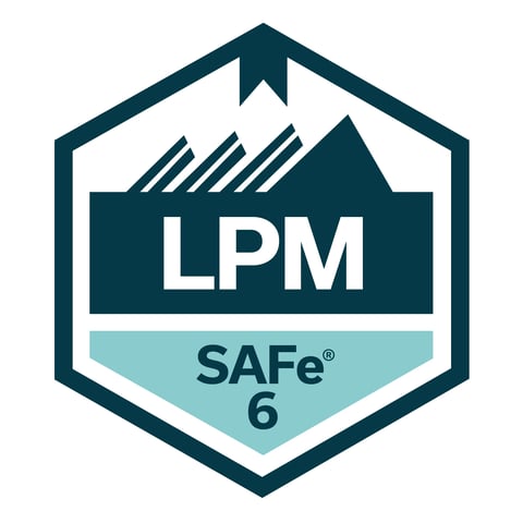 LPM SAFe 6 certification badge featuring a hexagon design with rain graphics and teal accents
