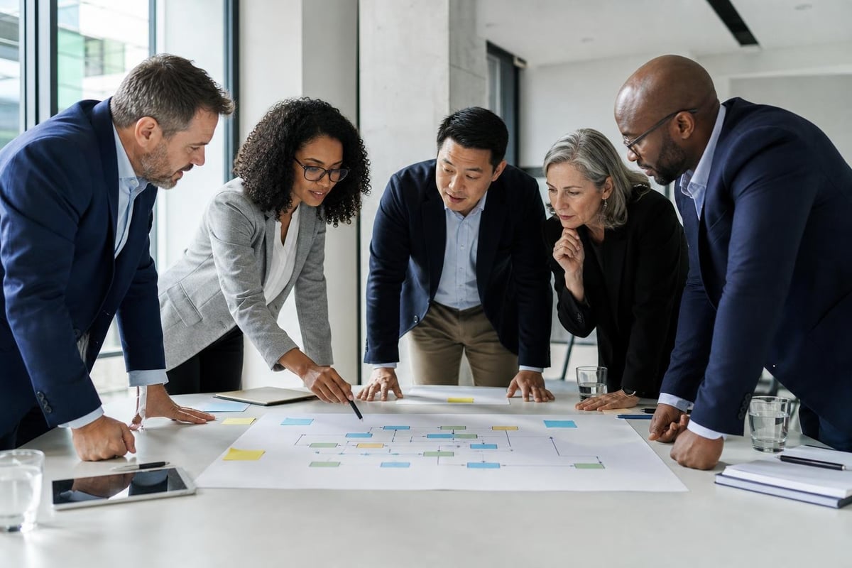 Five business professionals reviewing a flowchart or diagram on a table during a meeting in a modern office