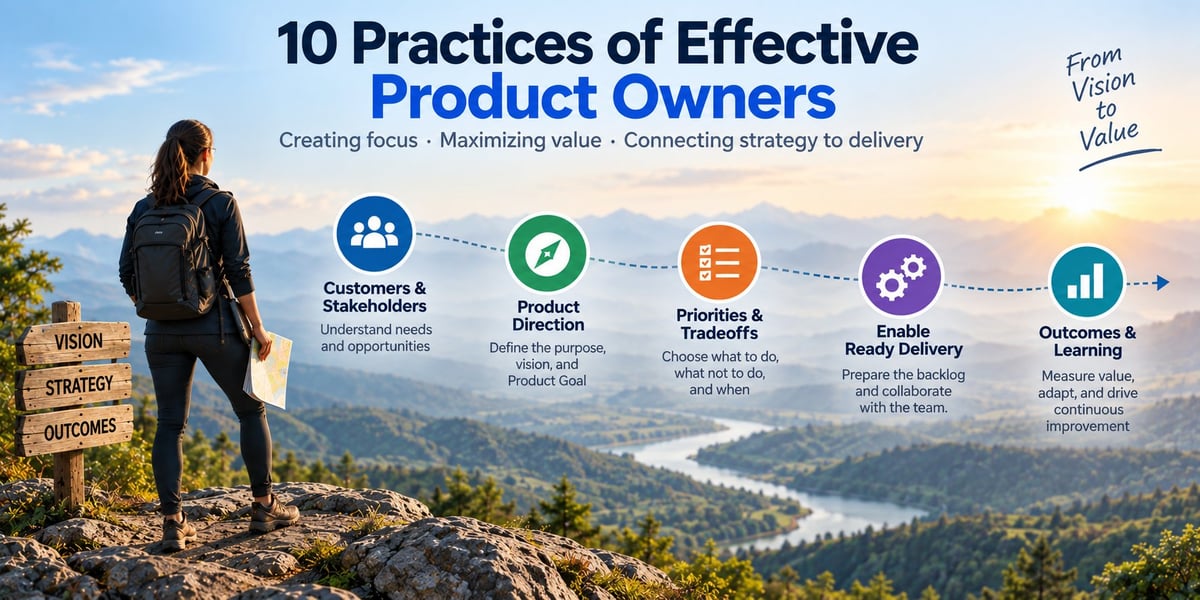 10 Practices of Effective Product Owners infographic with icons and mountain landscape background showing strategy to outcomes flow