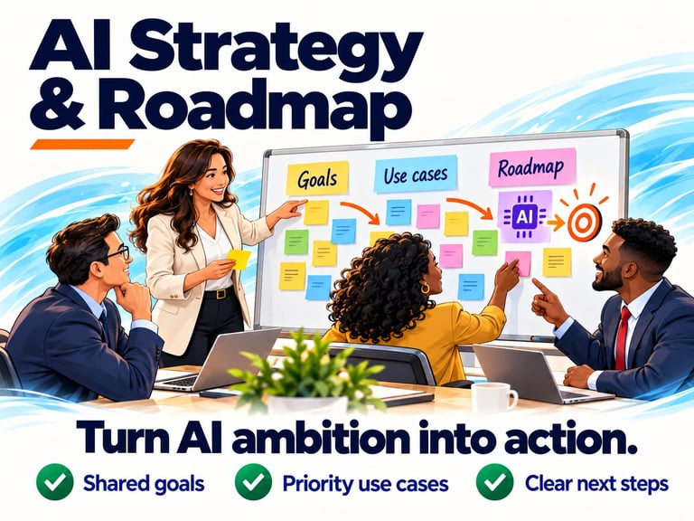 Business team collaborating on AI strategy roadmap with sticky notes on whiteboard showing goals, use cases, and implementation plan