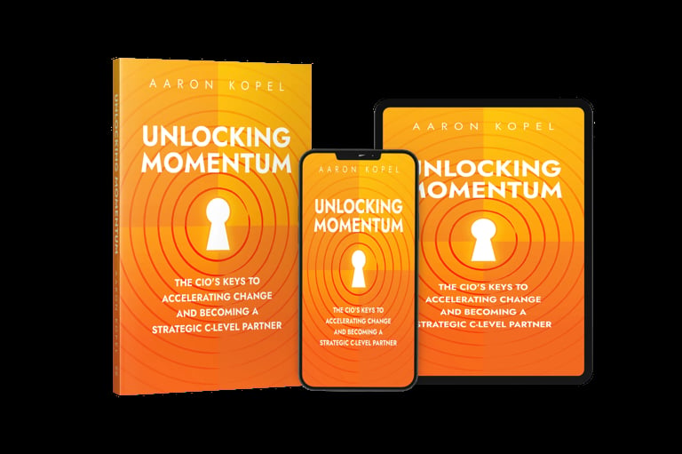 Unlocking Momentum book by Aaron Kopel displayed across hardcover, mobile, and tablet formats in orange with keyhole design