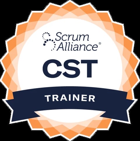 Scrum Alliance CST Trainer badge with orange star design and dark blue banner