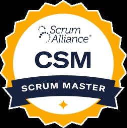 Scrum Alliance CSM Scrum Master certification badge with gold star border and navy ribbon banner