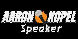 Aaron Kopel Speaker logo with orange and black microphone icon on black background