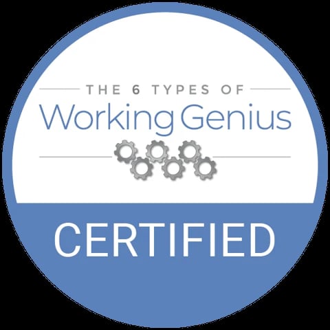 Certified badge for The 6 Types of Working Genius program with blue circle design and gear icons
