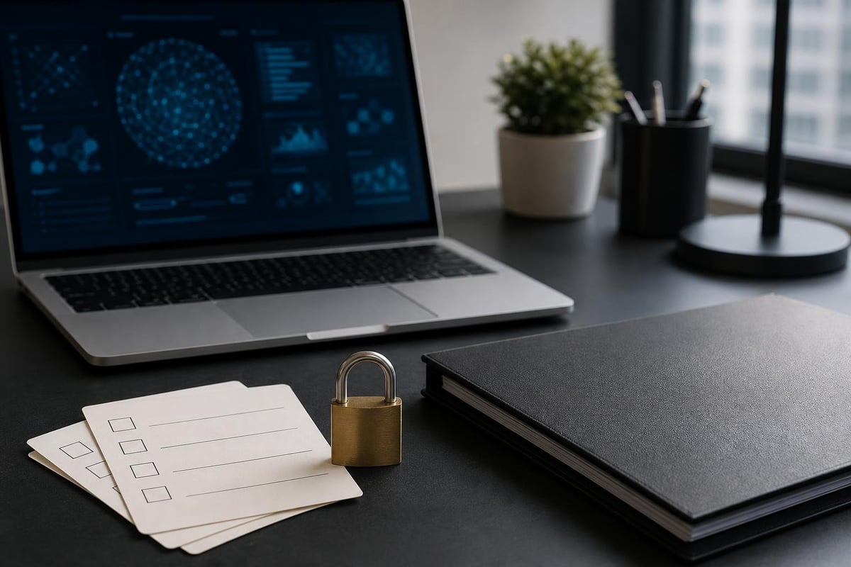 Laptop with blue digital display on dark desk beside checklist, padlock, notebook, plant, and desk lamp in modern office workspace