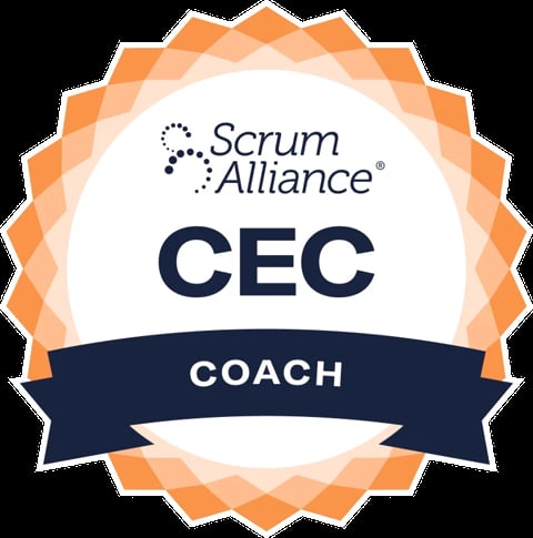 Scrum Alliance CEC Coach certification badge with orange and navy design