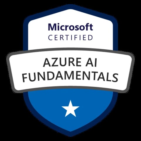 Microsoft Certified Azure AI Fundamentals badge with white star on blue shield background