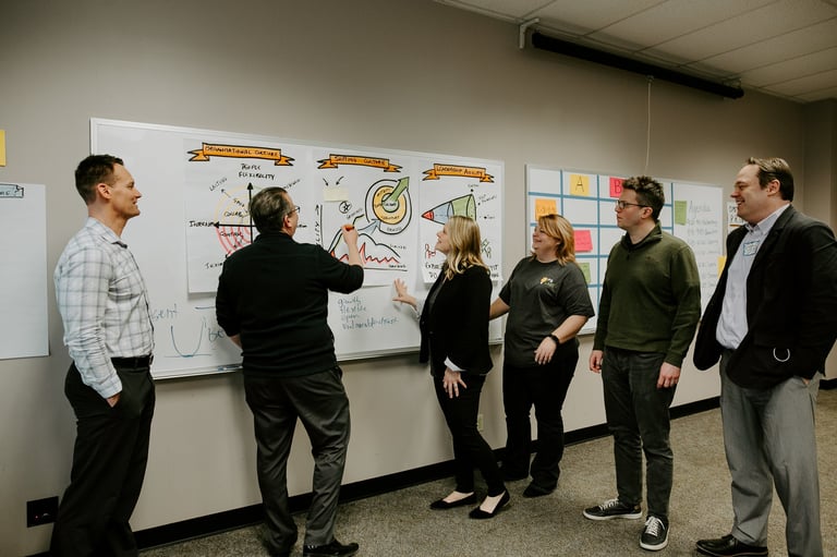 Six professionals in casual business attire gathered around a whiteboard with diagrams and sketches during a collaborative meeting or brainstorming session