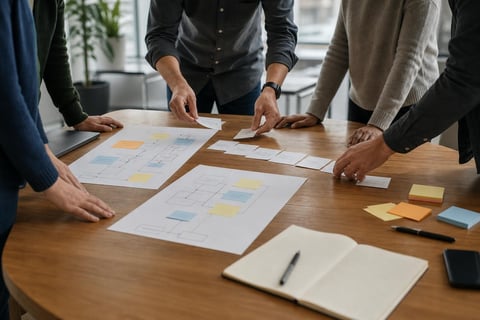 Team members collaborating around a wooden table with wireframes and sticky notes during a design planning session